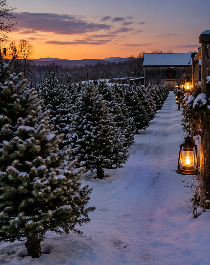Rows of fresh Christmas trees in the snow