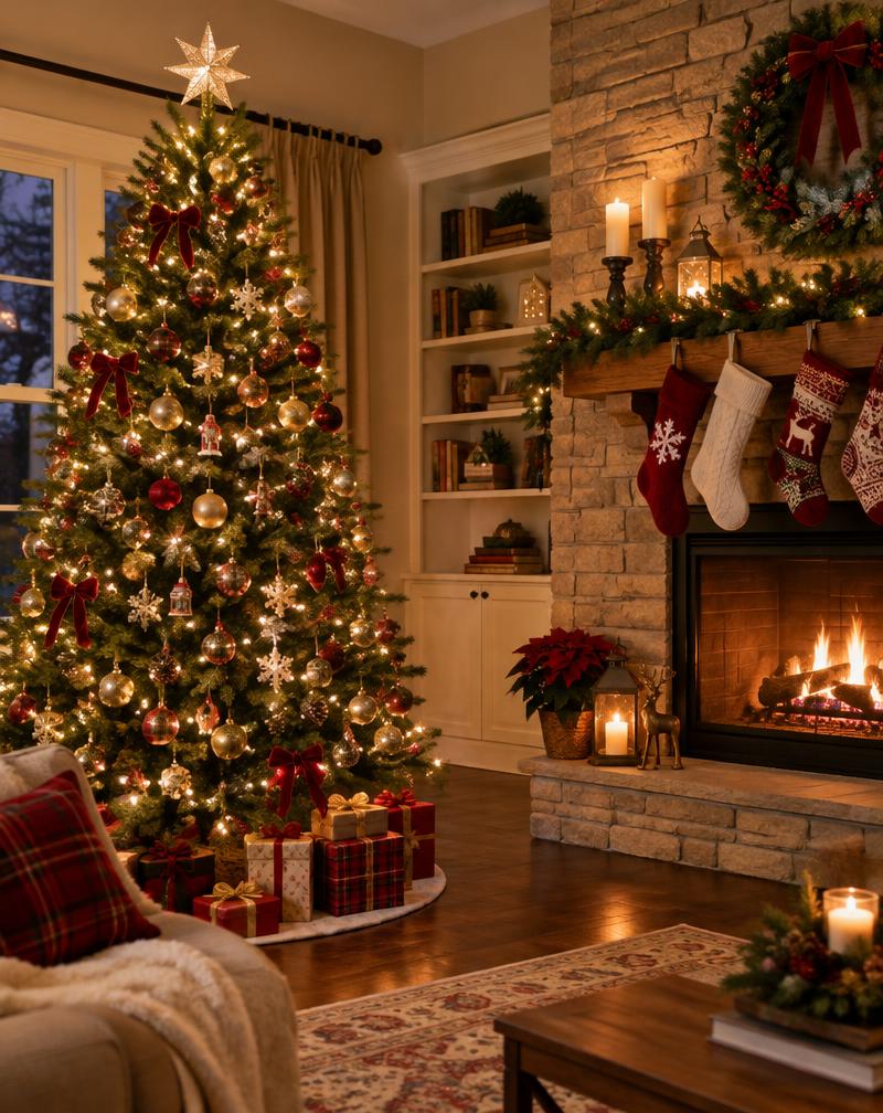 Decorated Christmas tree by a fireplace